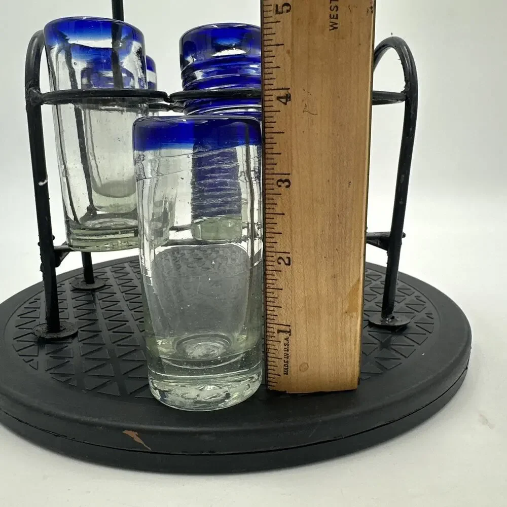 Hand blown Shot Glasses With Metal Caddy. Set Of 6
